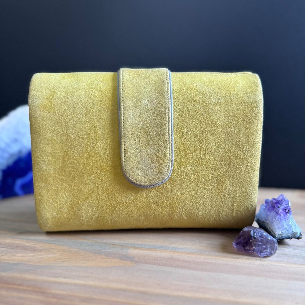 Vintage 60s Hard Shell Yellow Suede Clutch | Heaven Metal Emblem | Estate Find